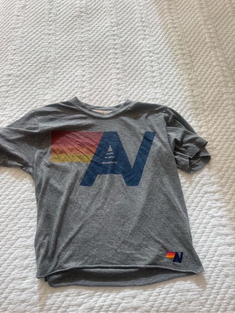 Aviator Nation Grey Crop Tee with Blue 'A/N' and Sunset Stripe
